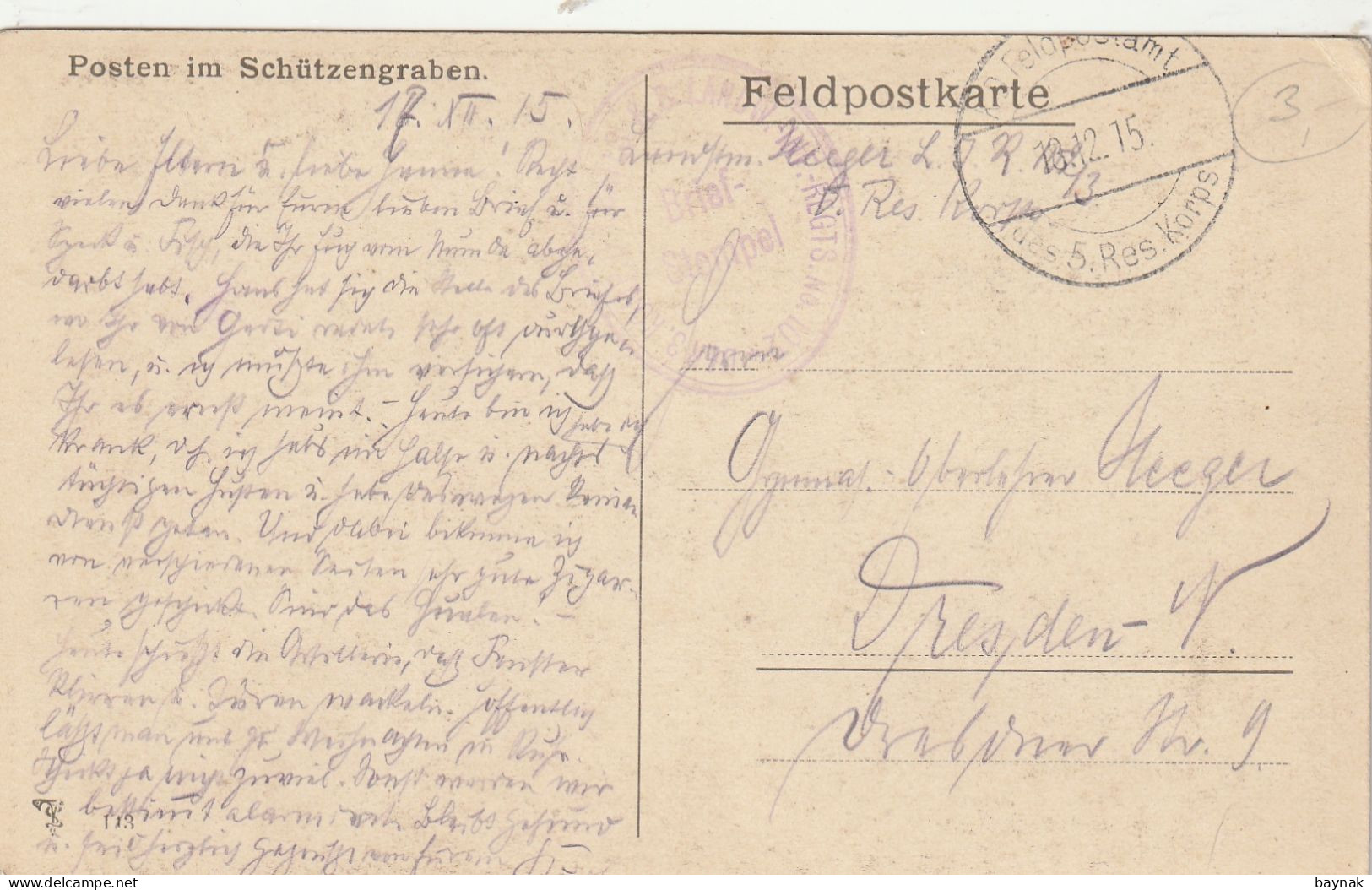 MIL3257  -  DEUTSCHLAND  --  PPOSTEN INM SCHUTZENGRABEN --  KURZWEG Pinx.  --  FELDPOST 5. Res. Korps.  -  1915 - Guerra 1914-18