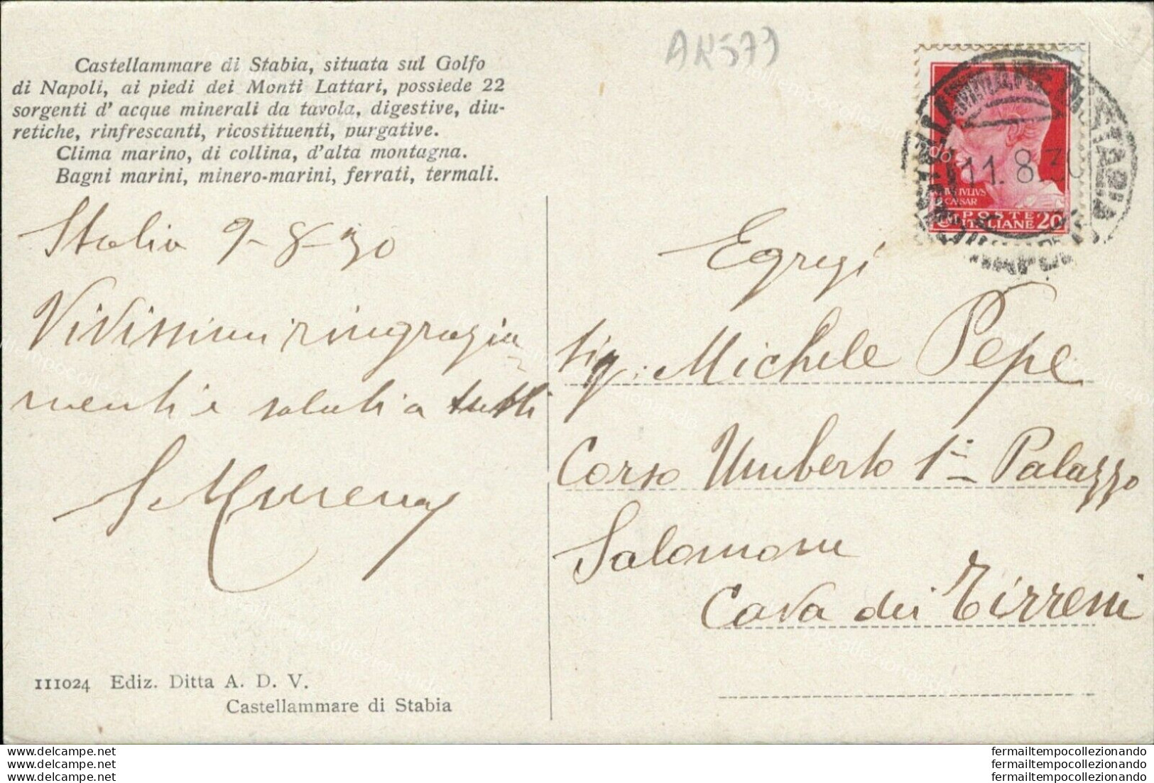 Ar579 Cartolina Castellammare Di Stabia L'ex Reggia Dei Borboni 1930 Napoli - Napoli