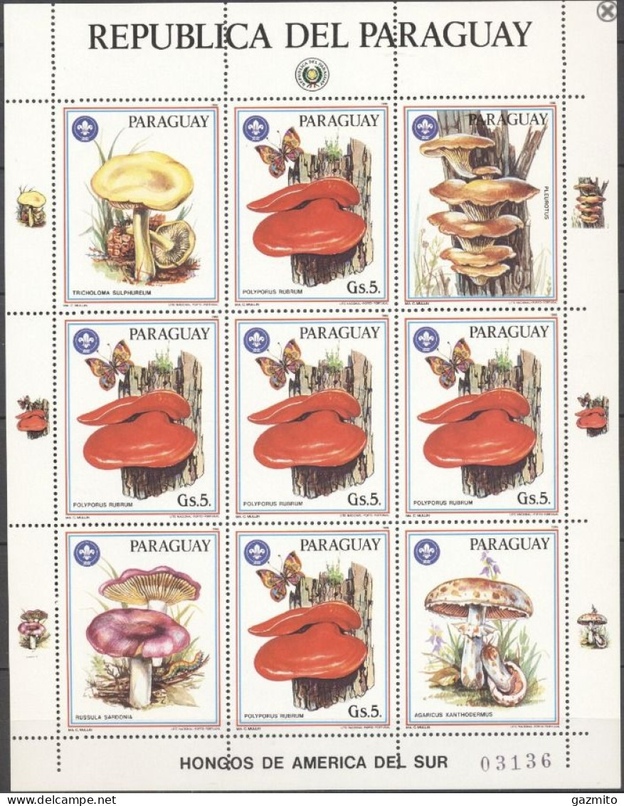Paraguay 1986, Mushrooms, Butterflies, Sheetlet - Pilze