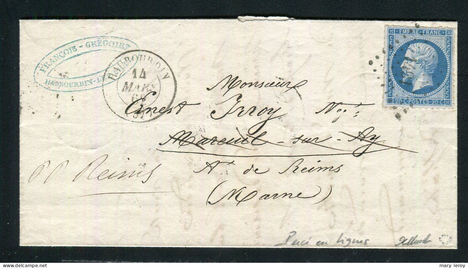 Rare Lettre De Haubourdin Pour Reims ( 1862 ) Avec Un N° 14B Percé En Lignes - 1849-1876: Klassieke Periode