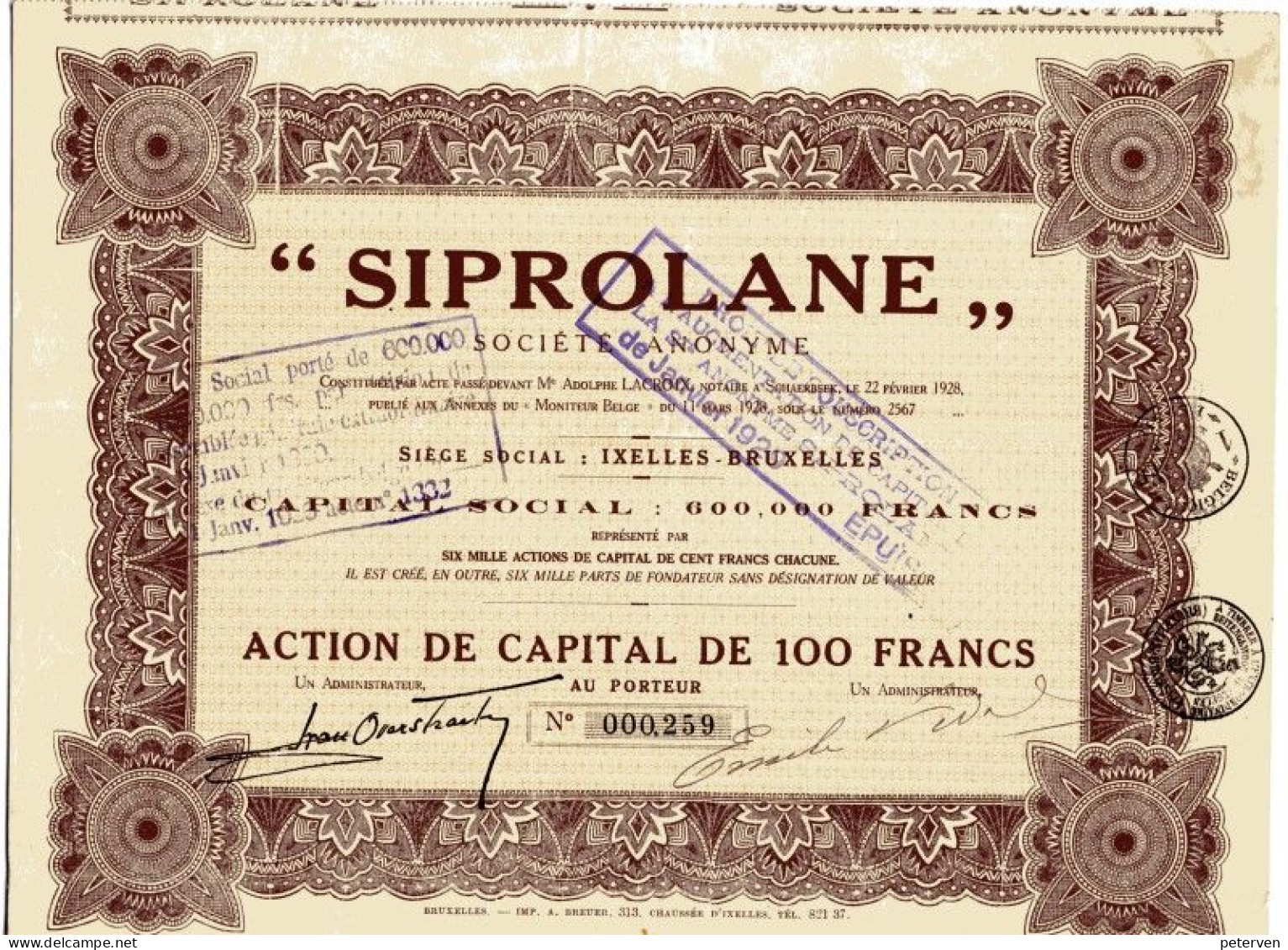 SIPROLANE; Action De Capital - Textil