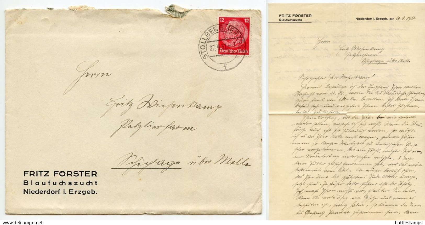 Germany 1937 Cover & Letter; Stollberg (Erzgeb.) - Fritz Förster, Blaufuchszucht To Schiplage; 12pf. Hindenburg - Storia Postale