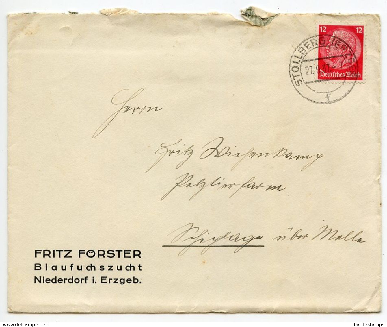 Germany 1937 Cover & Letter; Stollberg (Erzgeb.) - Fritz Förster, Blaufuchszucht To Schiplage; 12pf. Hindenburg - Briefe U. Dokumente