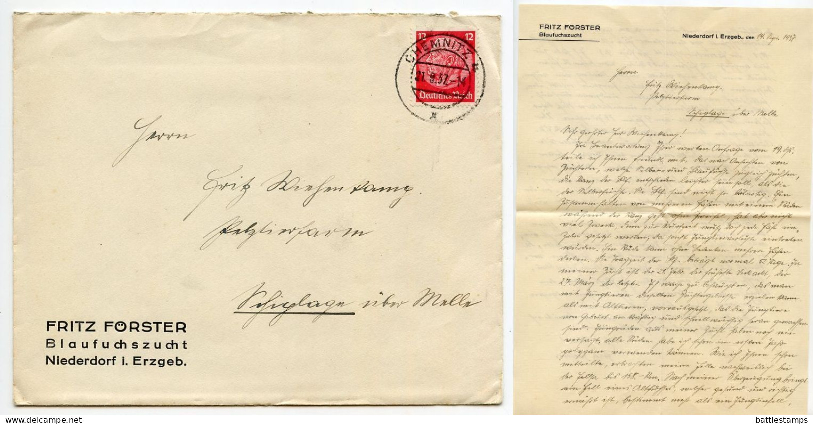 Germany 1937 Cover & Letter; Chemnitz - Fritz Förster, Blaufuchszucht To Schiplage; 12pf. Hindenburg - Storia Postale