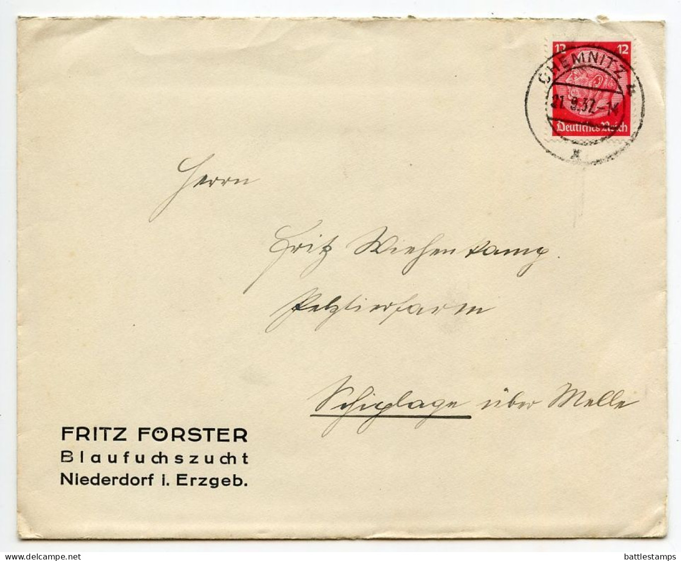 Germany 1937 Cover & Letter; Chemnitz - Fritz Förster, Blaufuchszucht To Schiplage; 12pf. Hindenburg - Briefe U. Dokumente