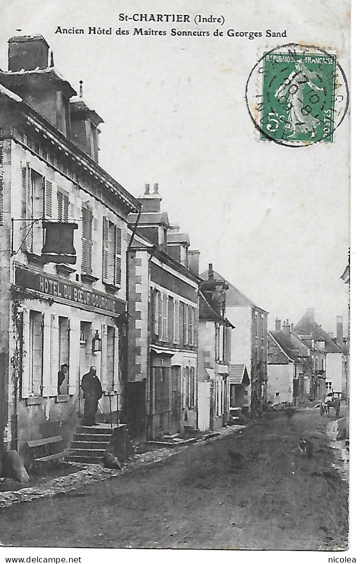 36 INDRE SAINT CHARTIER HOTEL DU BOEUF COURONNE ANIME CACHET BOITE MOBILE AU DOS 1909 DEUX SCANS - Sonstige & Ohne Zuordnung