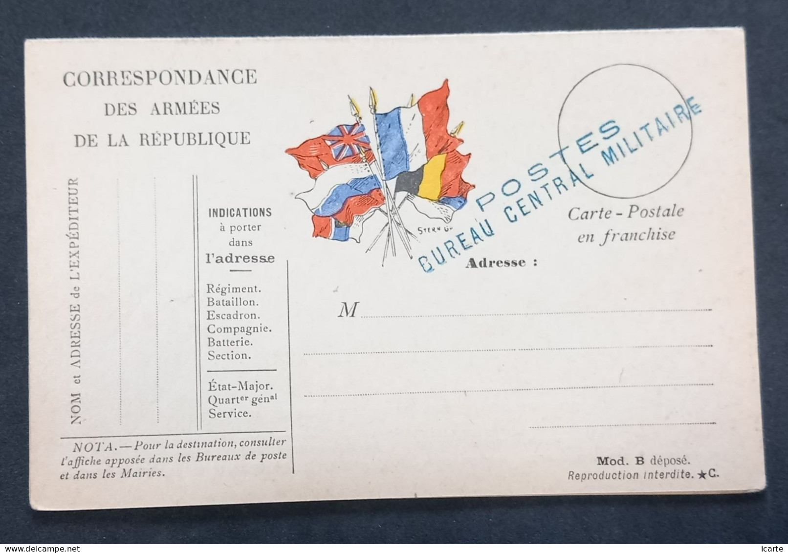 Carte De Franchise Militaire Officielle Double Non émise Griffe POSTES BUREAU CENTRAL MILITAIRE Et BUREAU FRONTIERE N - Briefe U. Dokumente