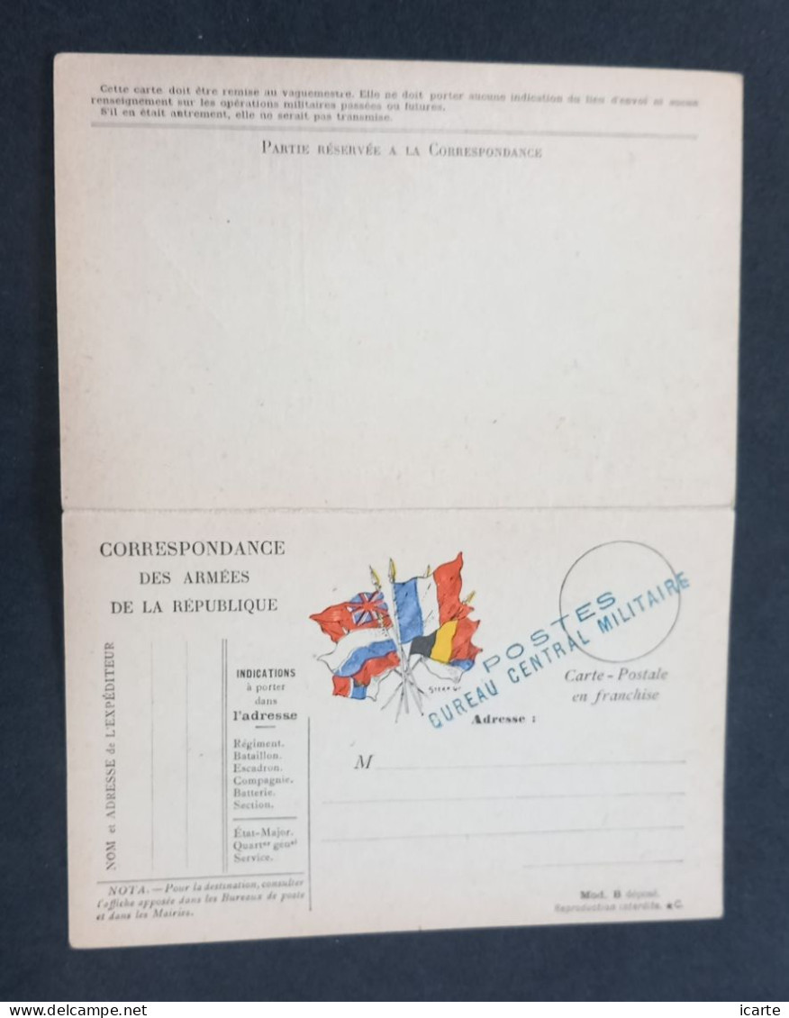 Carte De Franchise Militaire Officielle Double Non émise Griffe POSTES BUREAU CENTRAL MILITAIRE Et BUREAU FRONTIERE N - Covers & Documents