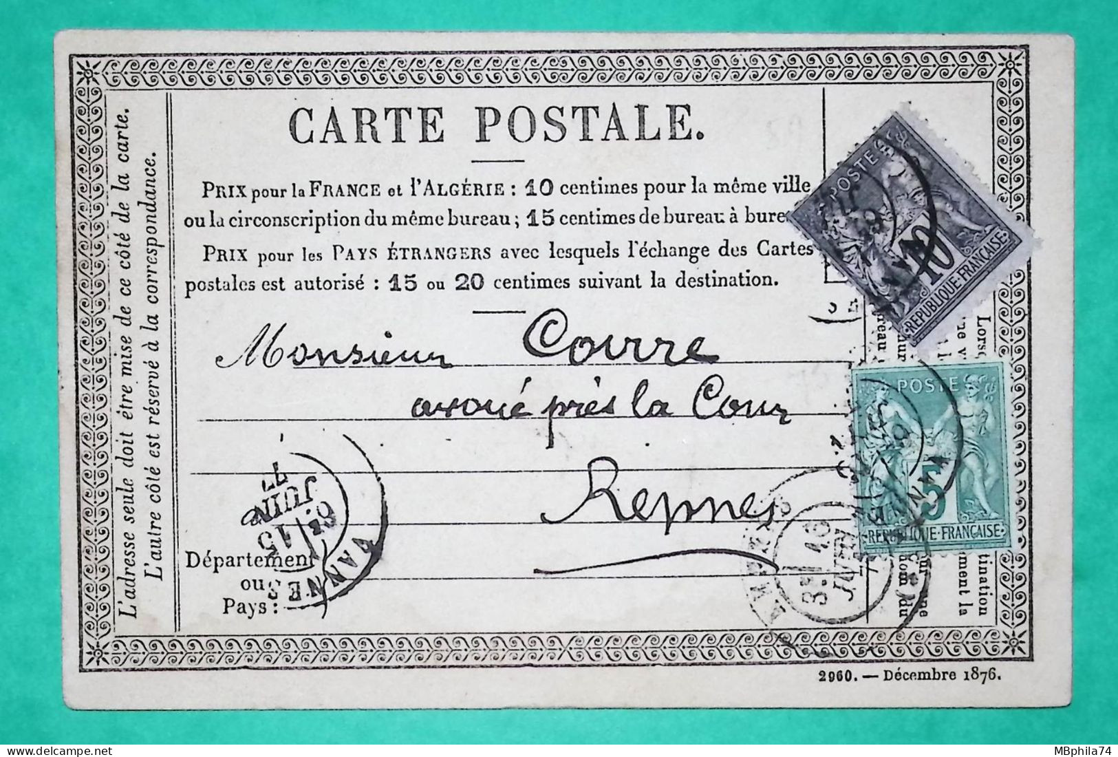 N°75 + 89 SAGE CARTE PRECURSEUR VANNES MORBIHAN POUR RENNES ILLE ET VILAINE 1877 LETTRE COVER FRANCE - 1877-1920: Période Semi Moderne