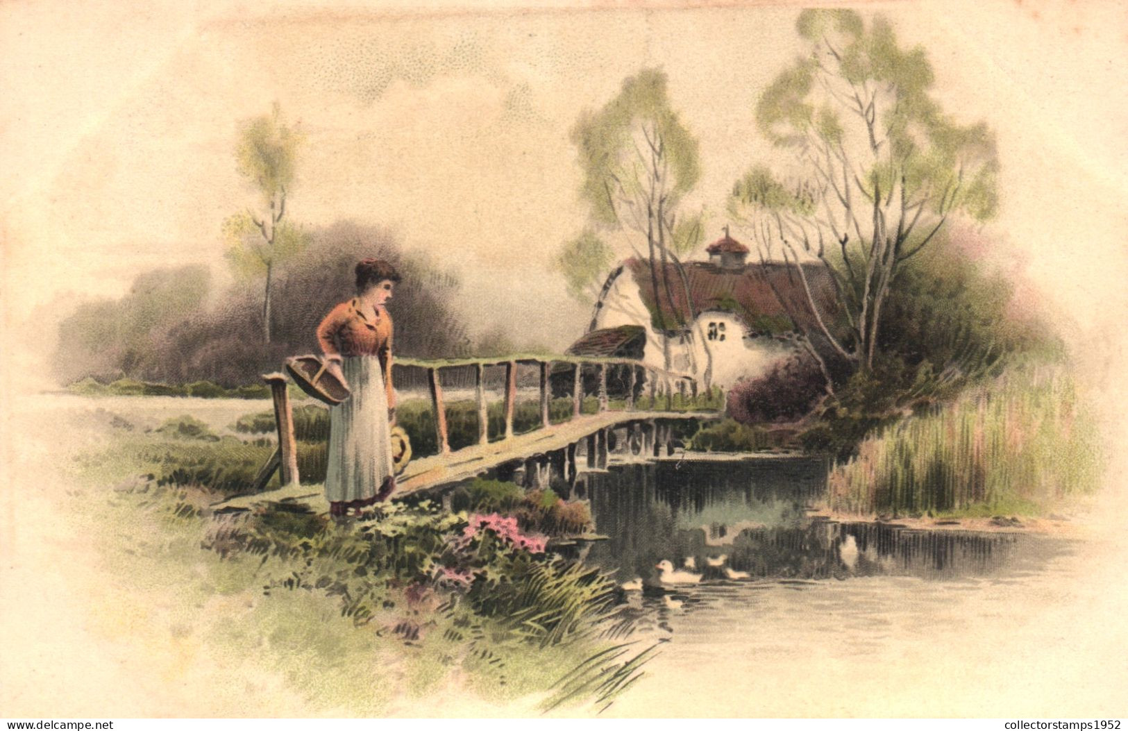 PAINTING, FINE ARTS, ARCHITECTURE, BRIDGE, WOMAN WITH BASKET, DUCKS, LAKE, GERMANY, POSTCARD - Malerei & Gemälde