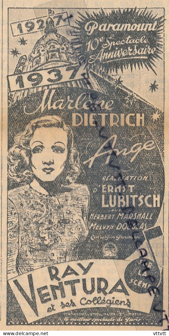 Ancienne Publicité (1937) : Marlène Dietrich, 10° Anniversaire Du Spectacle "Ange", Ernst Lubitsch, Avec Ray Ventura... - Publicidad