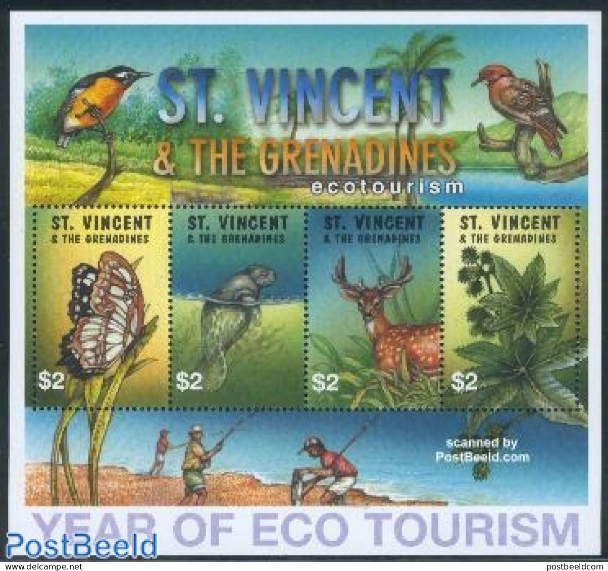 Saint Vincent 2002 Eco Tourism 4v M/s, Mint NH, Nature - Various - Butterflies - Deer - Sea Mammals - Tourism - St.Vincent (1979-...)