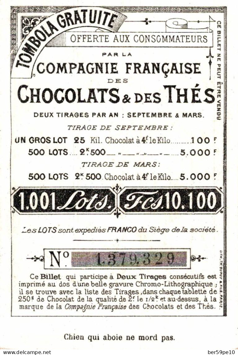 CHROMO CHOCOLAT DE LA Cie FRANCAISE CHIEN QUI BOIT NE MORD PAS - Autres & Non Classés