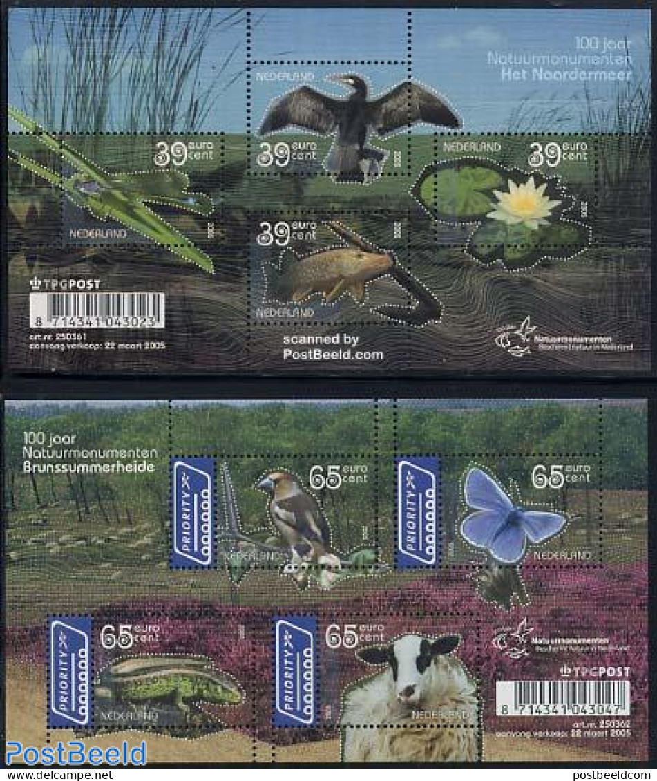 Netherlands 2005 100 Years Natuurmonumenten 2x4v M/s, Mint NH, Nature - Animals (others & Mixed) - Birds - Butterflies.. - Ungebraucht