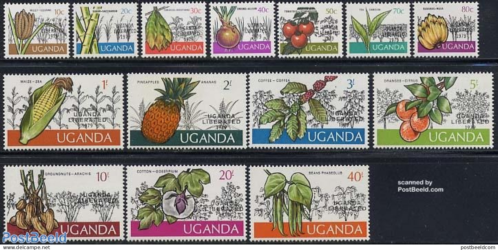 Uganda 1979 Uganda Liberated 14v, Overprints, Mint NH, Nature - Fruit - Obst & Früchte