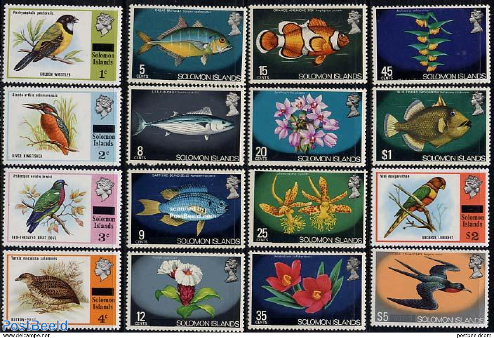 Solomon Islands 1975 Definitives, Overprints 16v, Mint NH, Nature - Birds - Butterflies - Fish - Flowers & Plants - Poissons