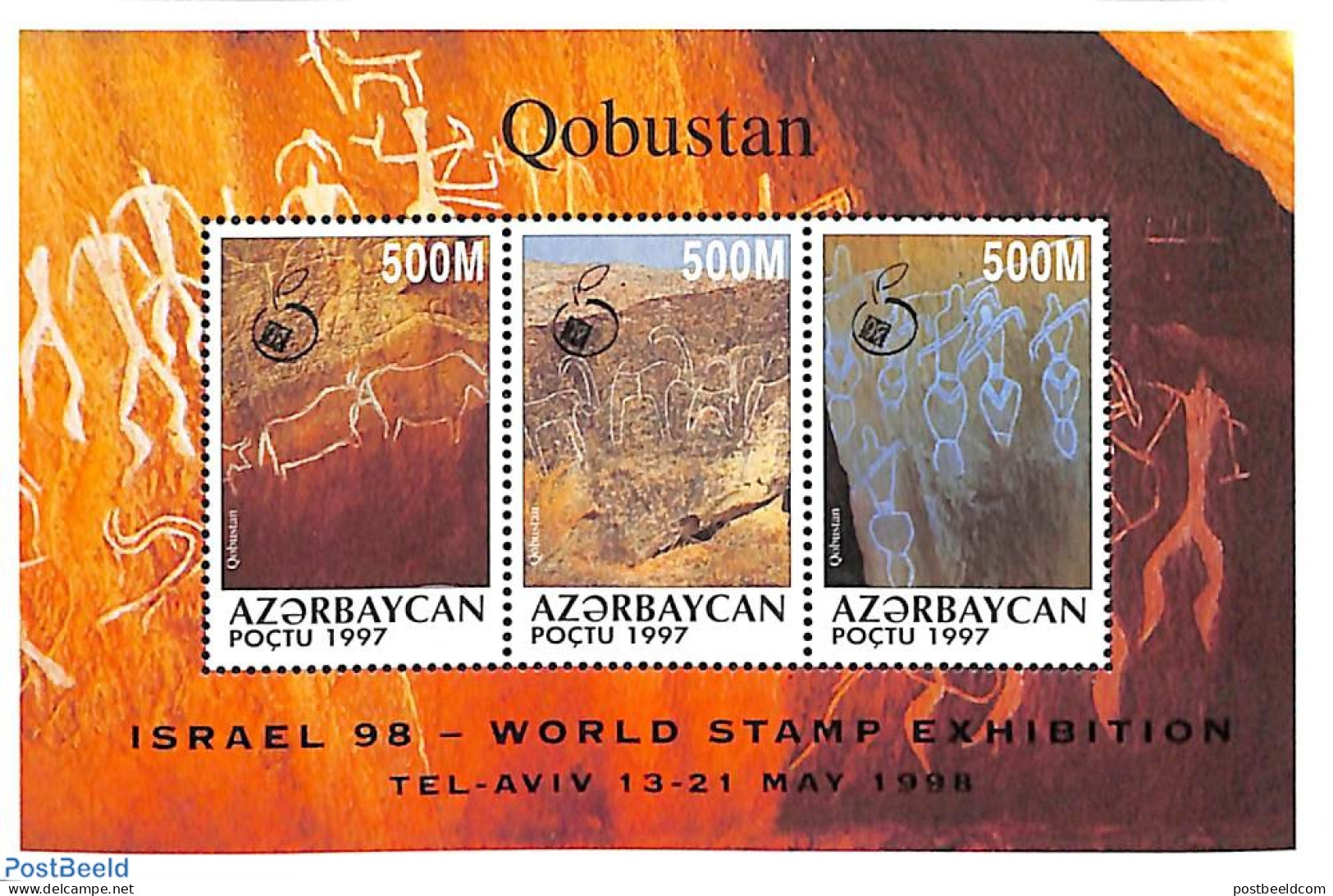 Azerbaijan 1998 Israel 98 3v M/s, Mint NH, Nature - Animals (others & Mixed) - Philately - Art - Cave Paintings - Vor- Und Frühgeschichte