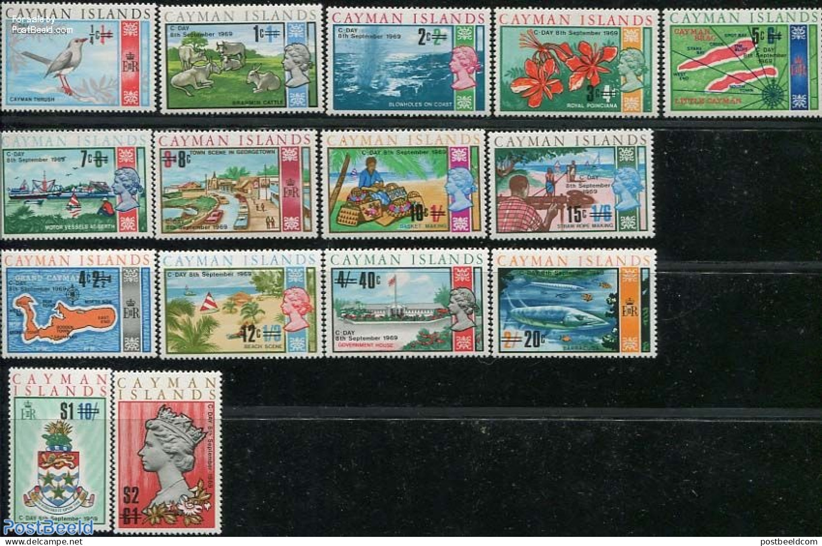 Cayman Islands 1969 Decimal System 15v, Mint NH, History - Transport - Various - Coat Of Arms - Automobiles - Maps - Coches