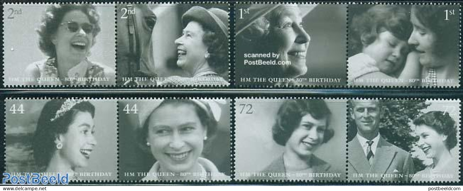 Great Britain 2006 Elizabeth II 80th Birthday 4x2v [:], Mint NH, History - Nature - Kings & Queens (Royalty) - Horses - Ongebruikt