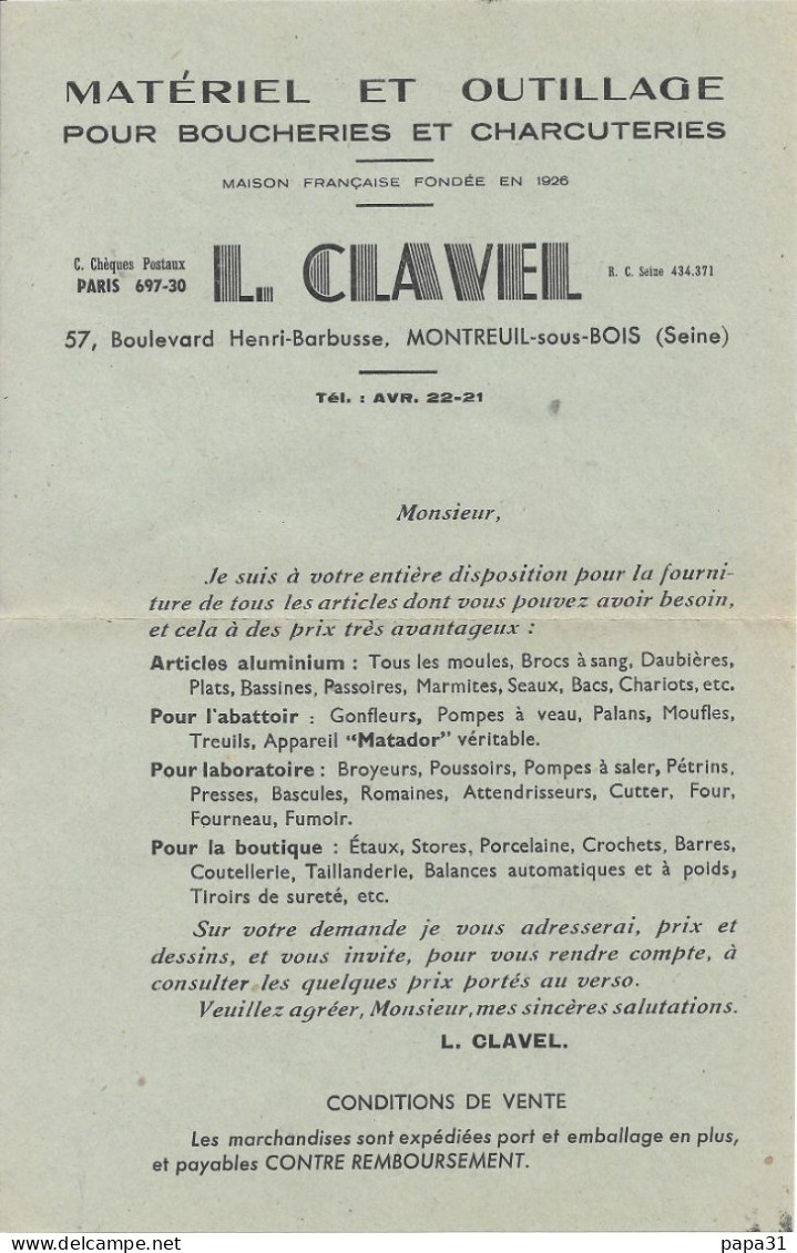 Lettre Avec Documents  De L.CLAVEL  -   MATERIEL Et OUTILLAGE Pour BOUCHERIES Et CHAZRCUTERIES  - MONTREUIL - Montreuil