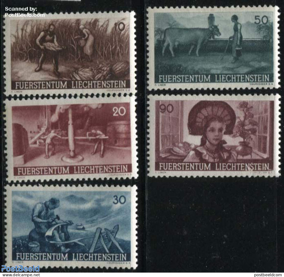 Liechtenstein 1941 Agriculture 5v, Mint NH, Nature - Various - Cattle - Wine & Winery - Agriculture - Costumes - Unused Stamps