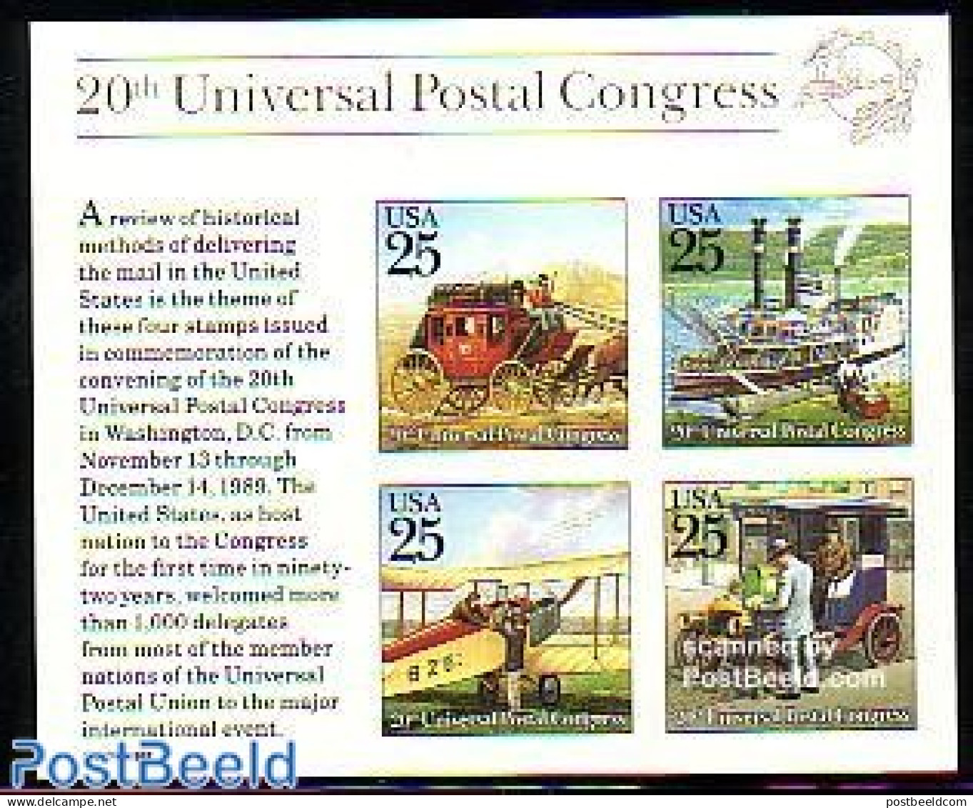 United States Of America 1989 UPU Conference S/s Imperforated, Mint NH, Transport - Post - U.P.U. - Automobiles - Coac.. - Ungebraucht