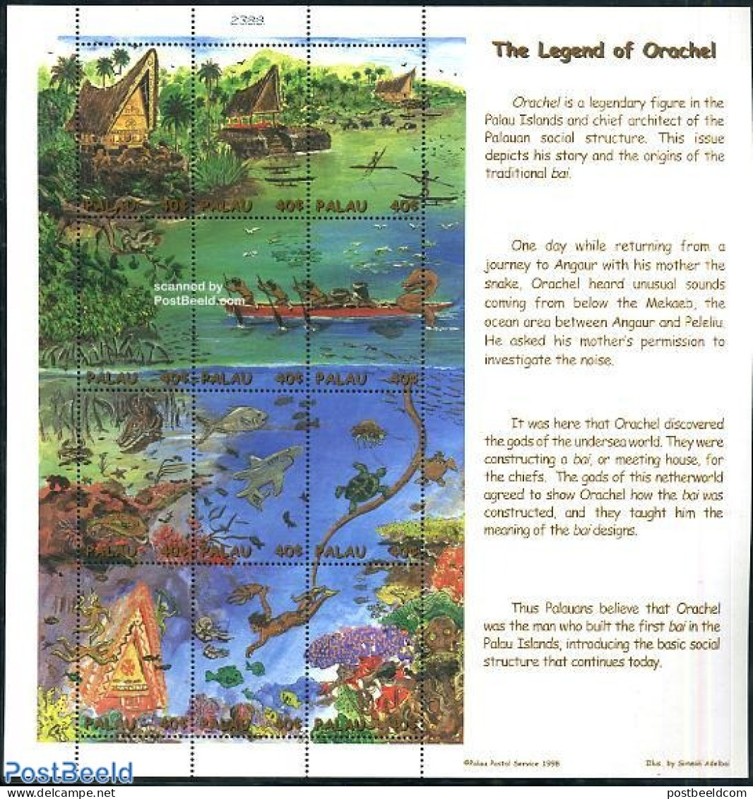 Palau 1998 Orachel Legend 12v M/s, Mint NH, Nature - Transport - Fish - Turtles - Ships And Boats - Art - Fairytales - Fische