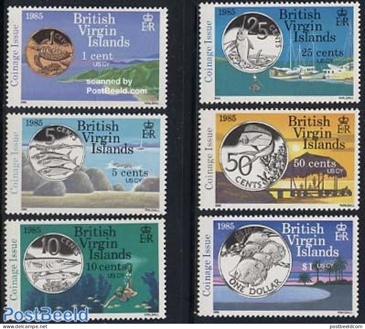 Virgin Islands 1985 New Coins 6v, Mint NH, Nature - Transport - Various - Fish - Turtles - Ships And Boats - Money On .. - Vissen