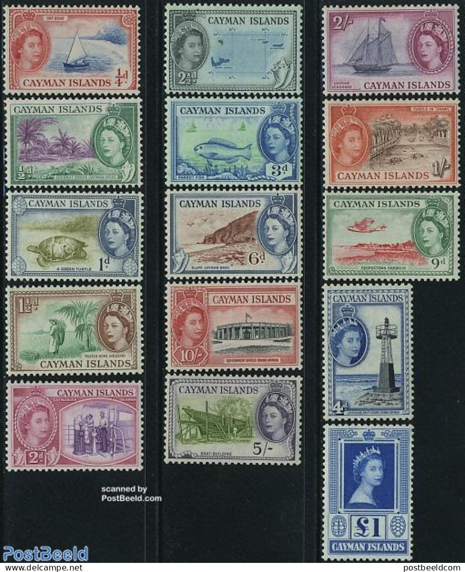 Cayman Islands 1953 Definitives 15v, Mint NH, Nature - Transport - Various - Fish - Reptiles - Shells & Crustaceans - .. - Fishes