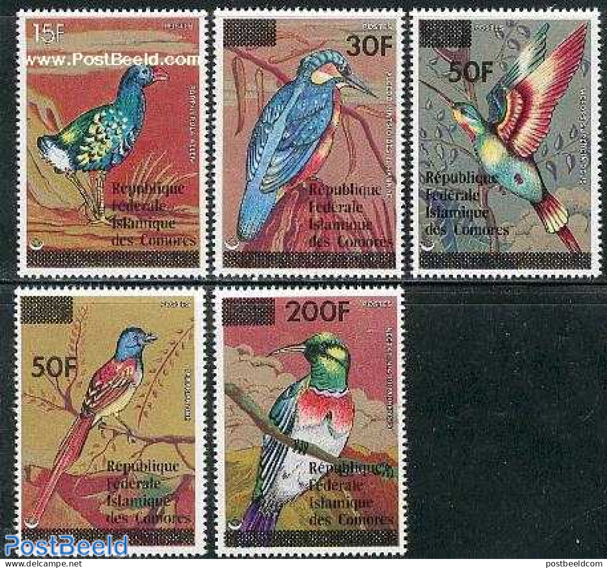 Comoros 1979 Birds Overprints 5v, Mint NH, Nature - Birds - Woodpeckers - Hummingbirds - Comores (1975-...)