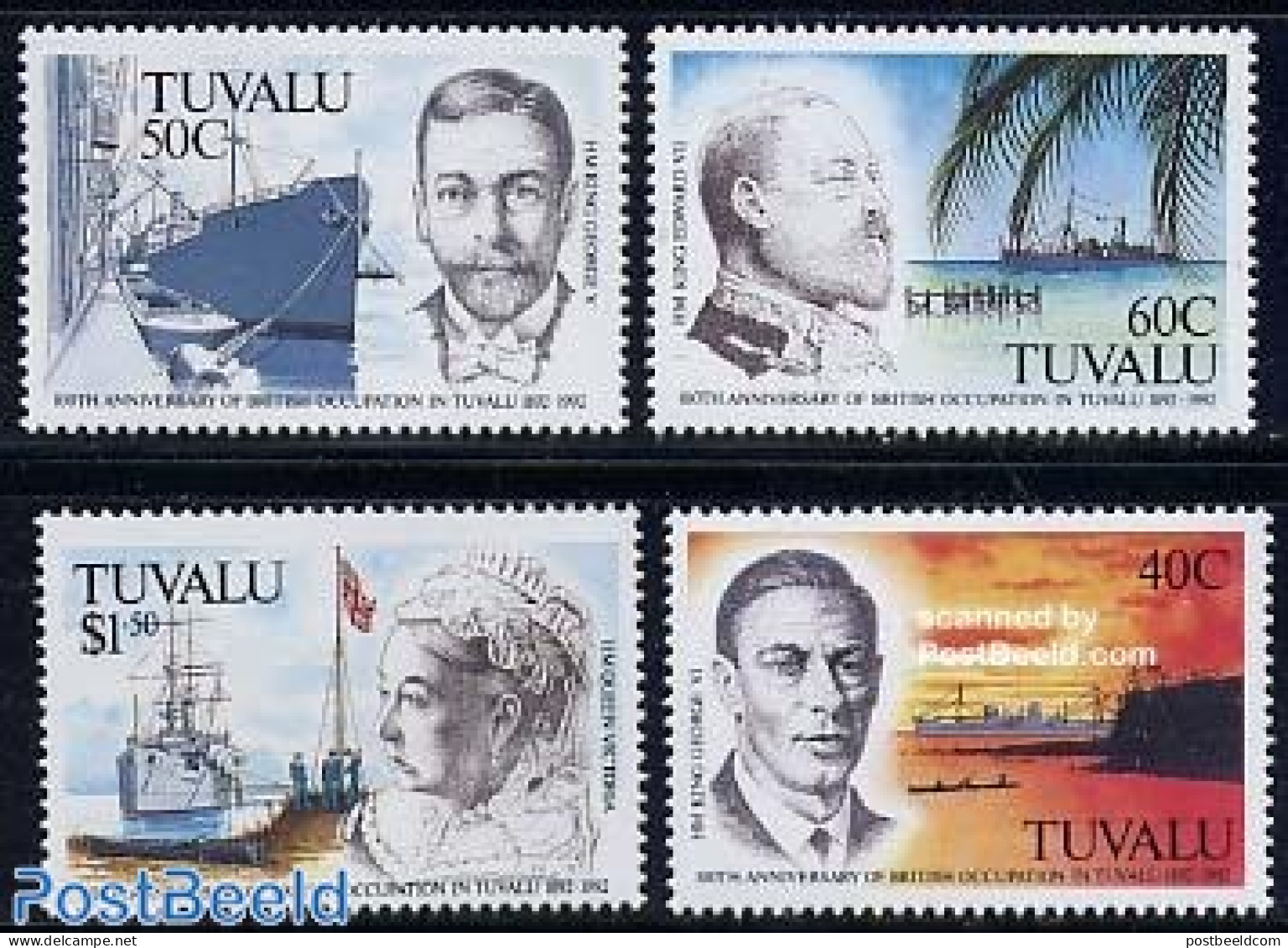 Tuvalu 1992 British Occupation 4v, Mint NH, History - Transport - History - Kings & Queens (Royalty) - Ships And Boats - Familias Reales