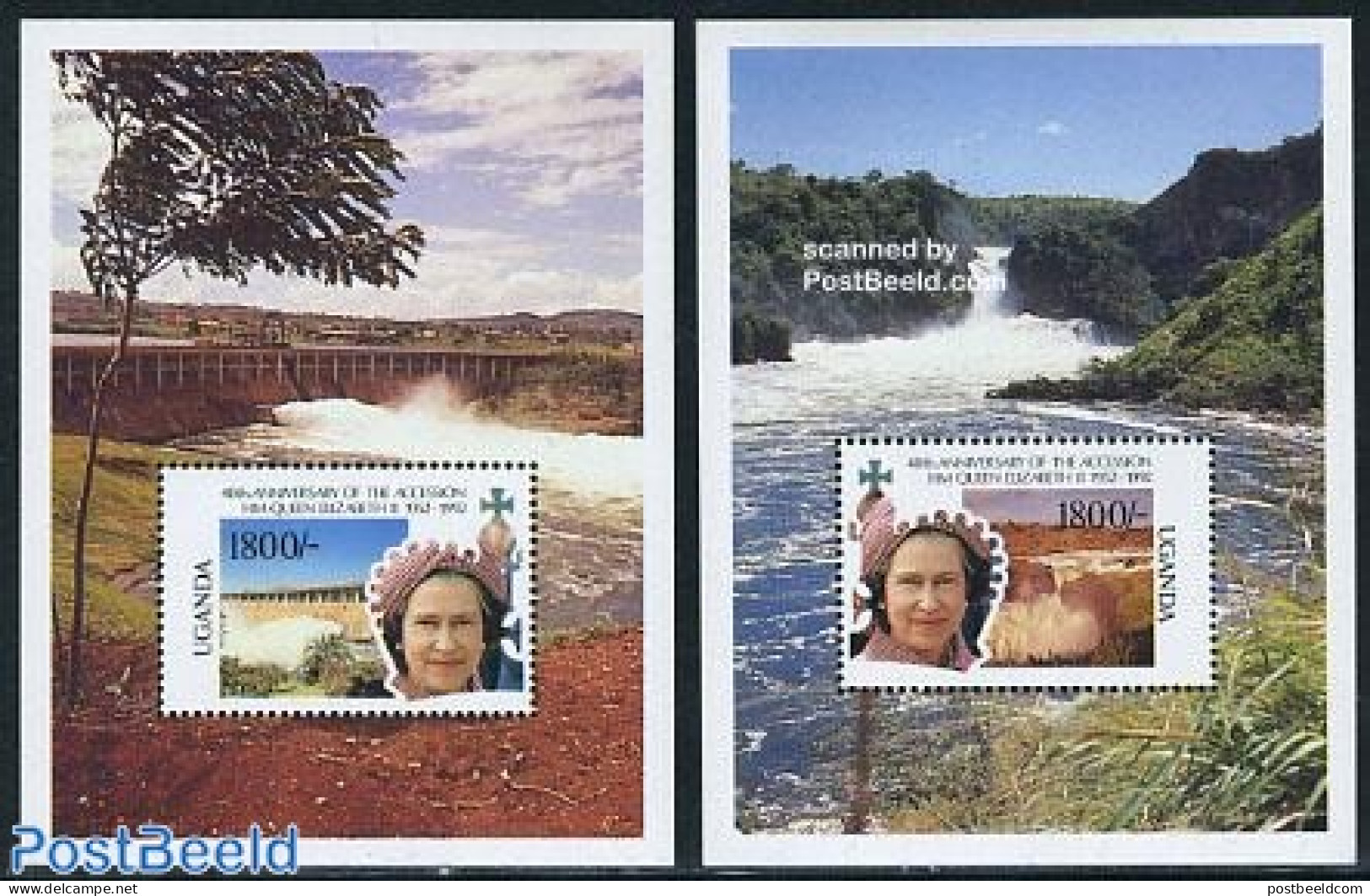Uganda 1992 Queen Jubilee 2 S/s, Mint NH, History - Nature - Kings & Queens (Royalty) - Water, Dams & Falls - Familles Royales