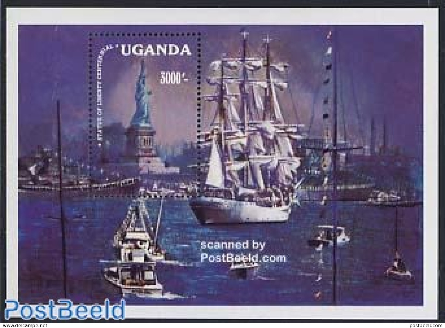 Uganda 1986 Statue Of Liberty S/s, Mint NH, Transport - Ships And Boats - Art - Sculpture - Schiffe