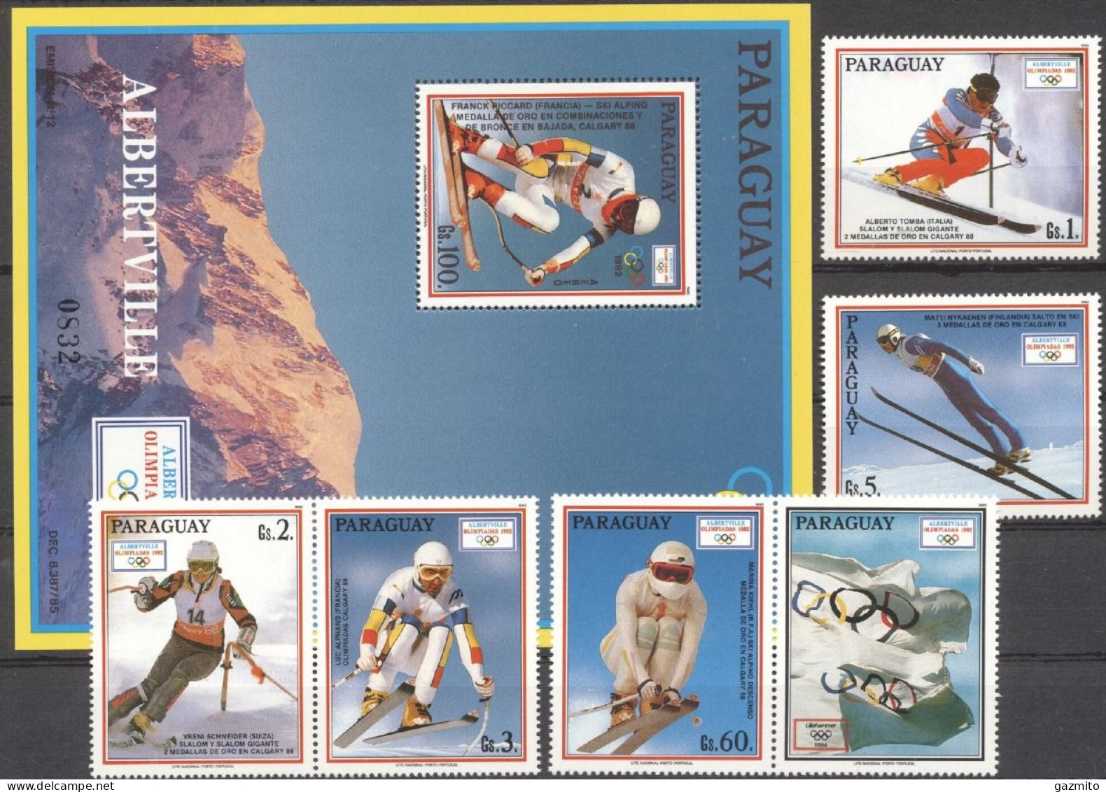 Paraguay 1992, Olympic Games In Albertville, Winners, Skiing, 6val +BF - Invierno 1992: Albertville