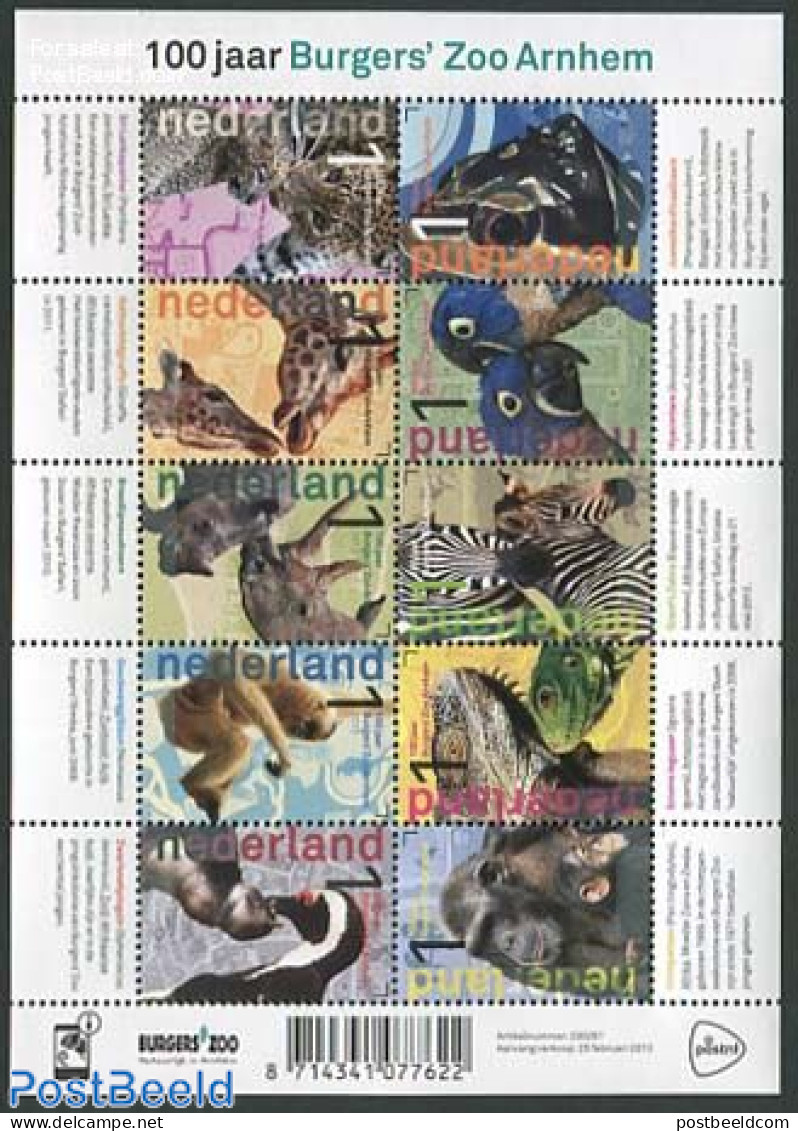 Netherlands 2013 100 Years Burgers Zoo 10v M/s, Mint NH, Nature - Animals (others & Mixed) - Cat Family - Fish - Giraf.. - Unused Stamps
