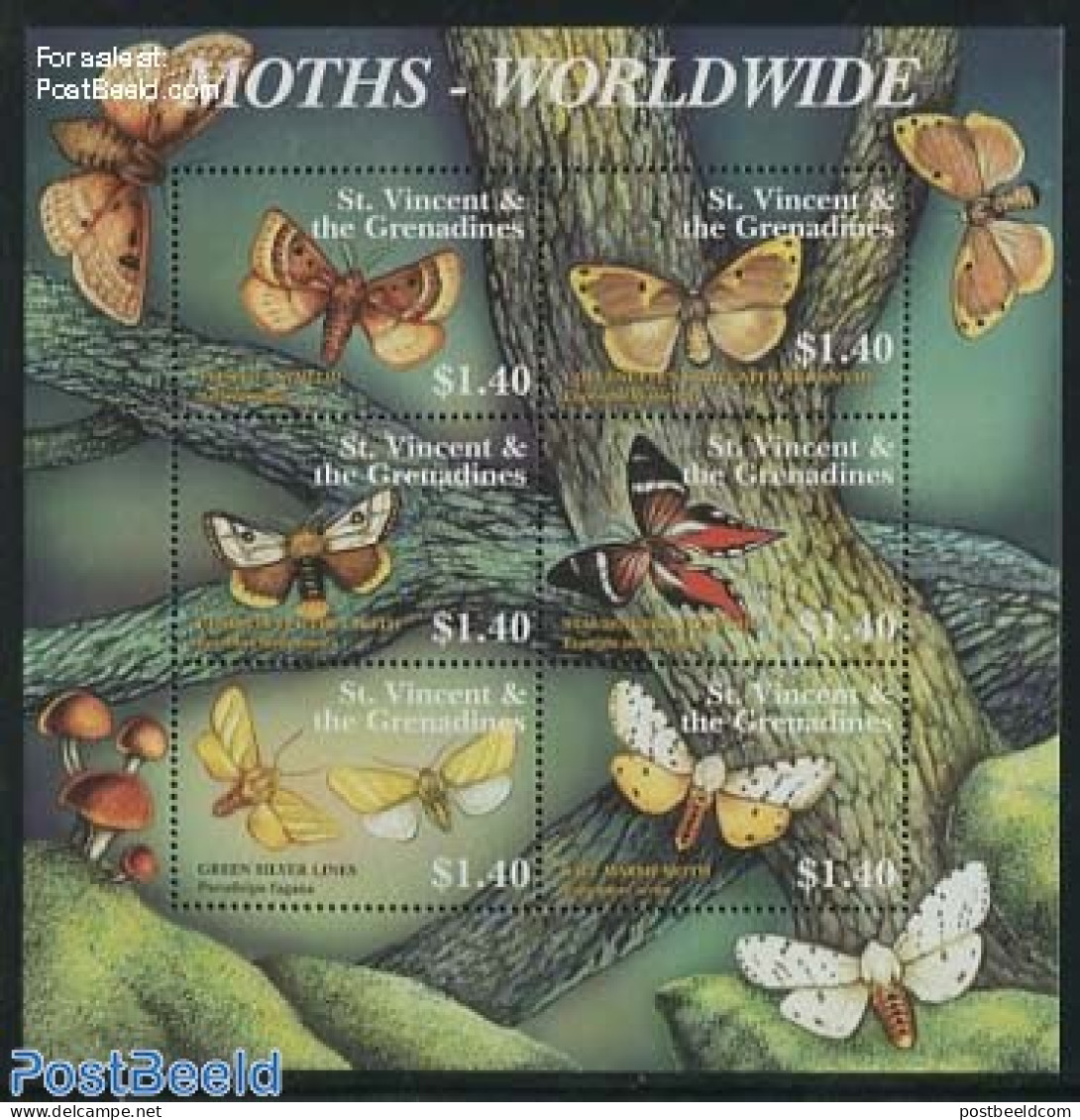 Saint Vincent 2001 Moth 6v M/s, Mint NH, Nature - Butterflies - Insects - St.Vincent (1979-...)