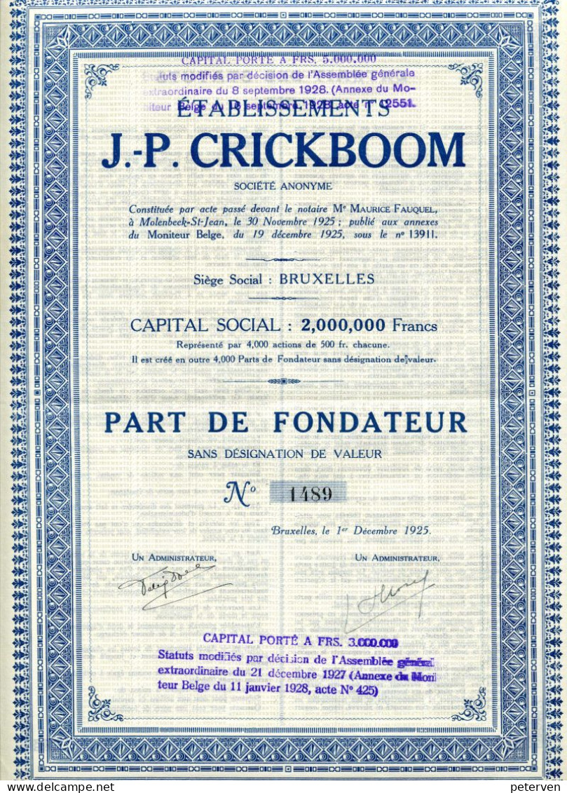 Ets. J.-P. CRICKBOOM; Part De Fondateur - Textiles