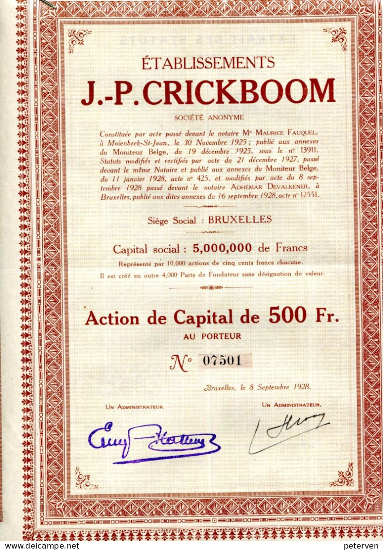 Ets. J.-P. CRICKBOOM; Action De Capital - Textiles