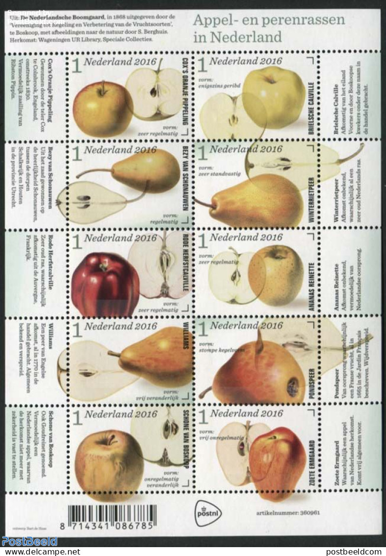 Netherlands 2016 Apples & Pears 10v M/s, Mint NH, Nature - Fruit - Unused Stamps