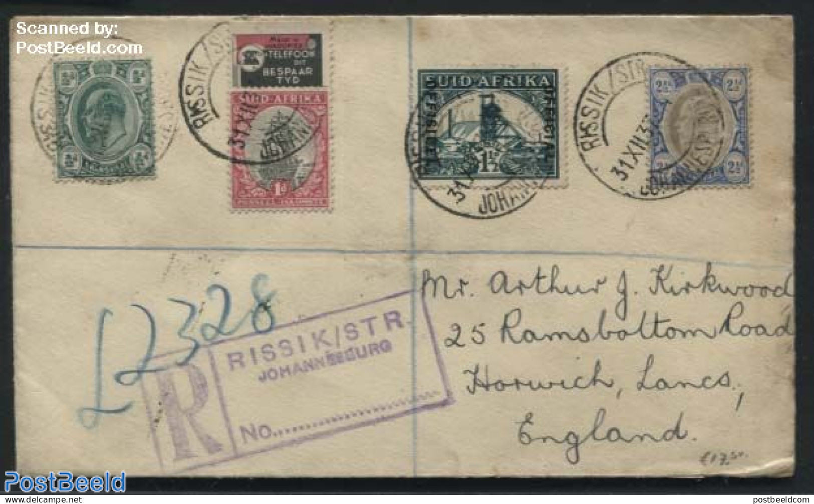 South Africa 1937 Registered Letter From Johannesburg (Rissik Str) To England, Postal History - Cartas