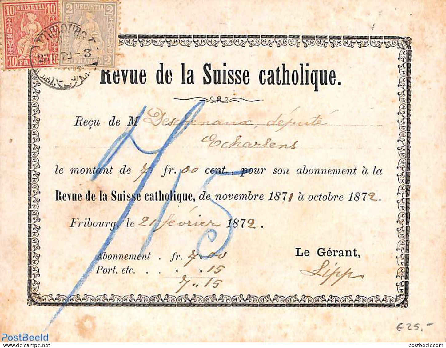 Switzerland 1872 'Revue De La Suisse Catholique' Resu From Switzerland, Postal History - Lettres & Documents