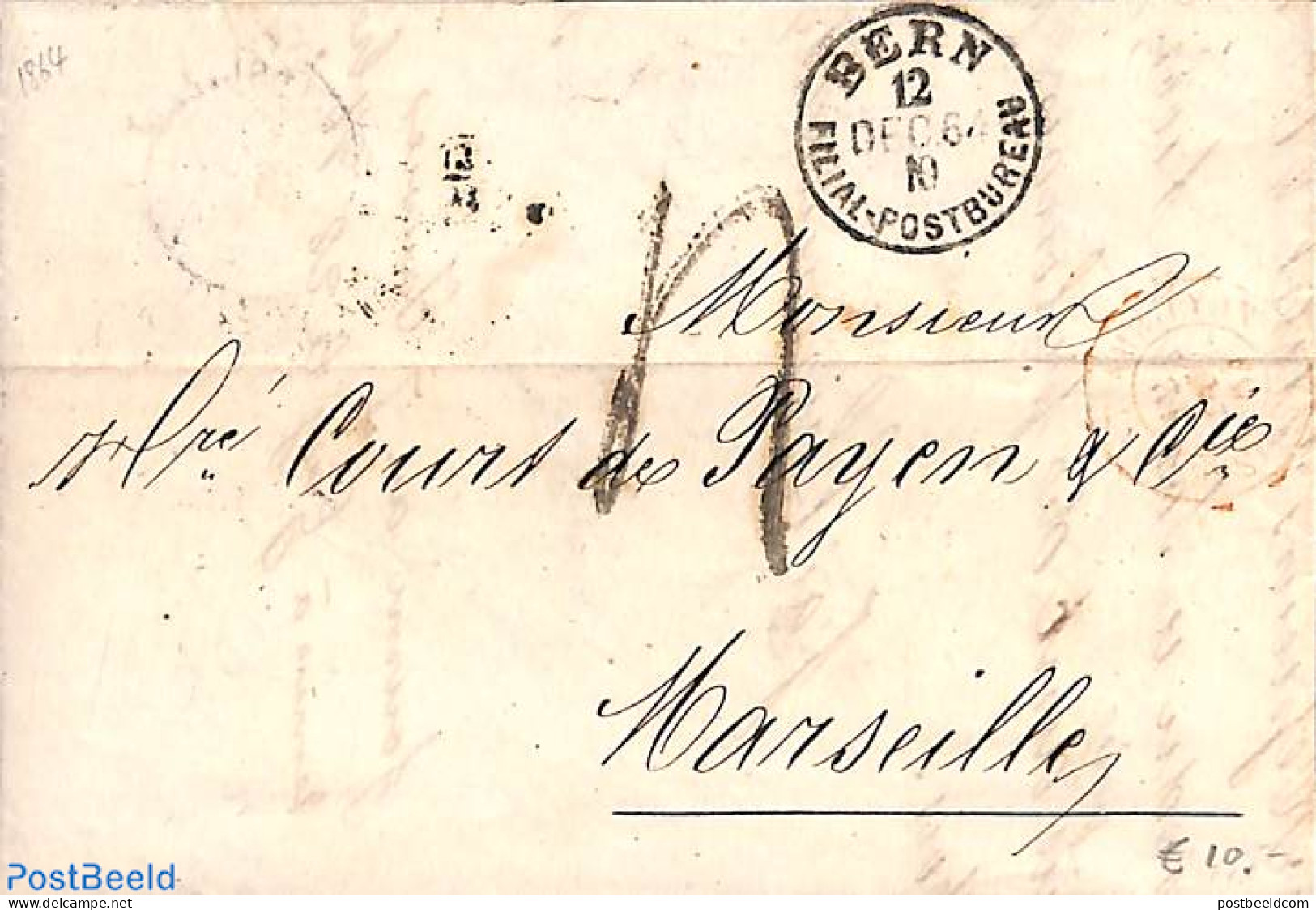 Switzerland 1864 Folding Letter From Bern To Marseille, Postal History - Covers & Documents