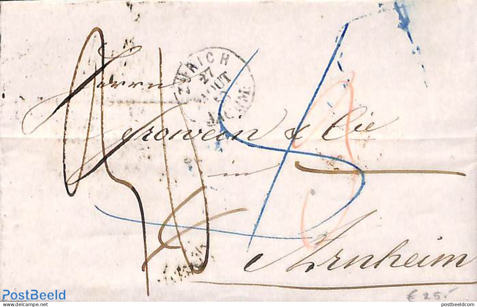 Switzerland 1853 Folding Letter From Zürich To Arnhem, Postal History - Briefe U. Dokumente