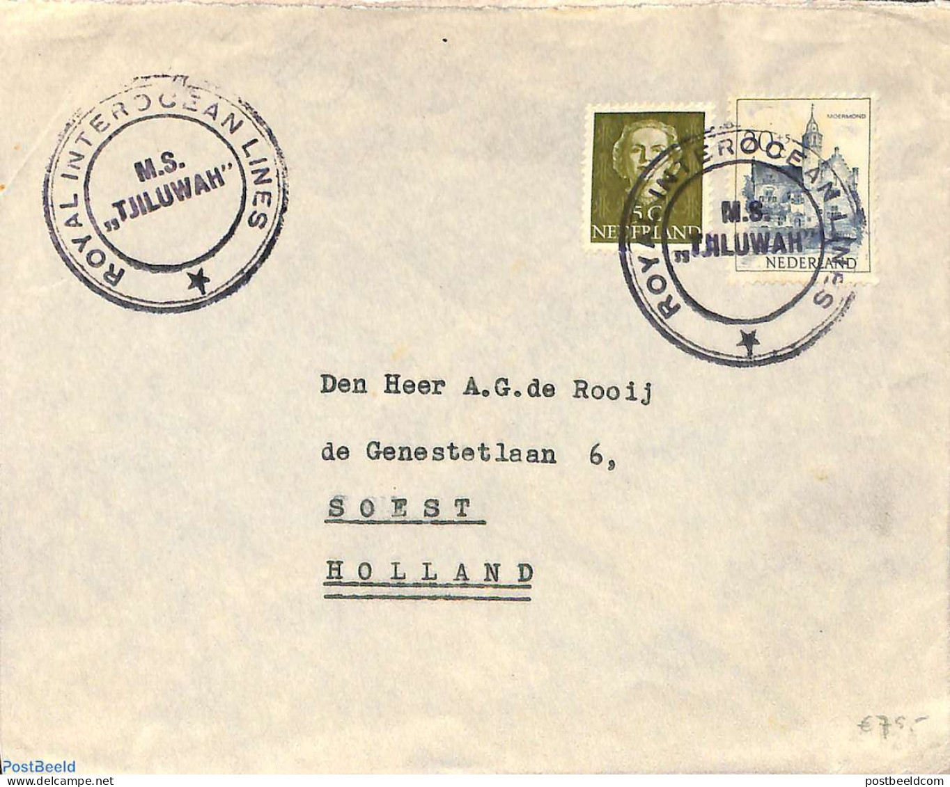 Ship Mail 1951 From M.S. TJILUWAH, ROYAL INTEROCEAN LINES To Soest, Postal History - Andere & Zonder Classificatie