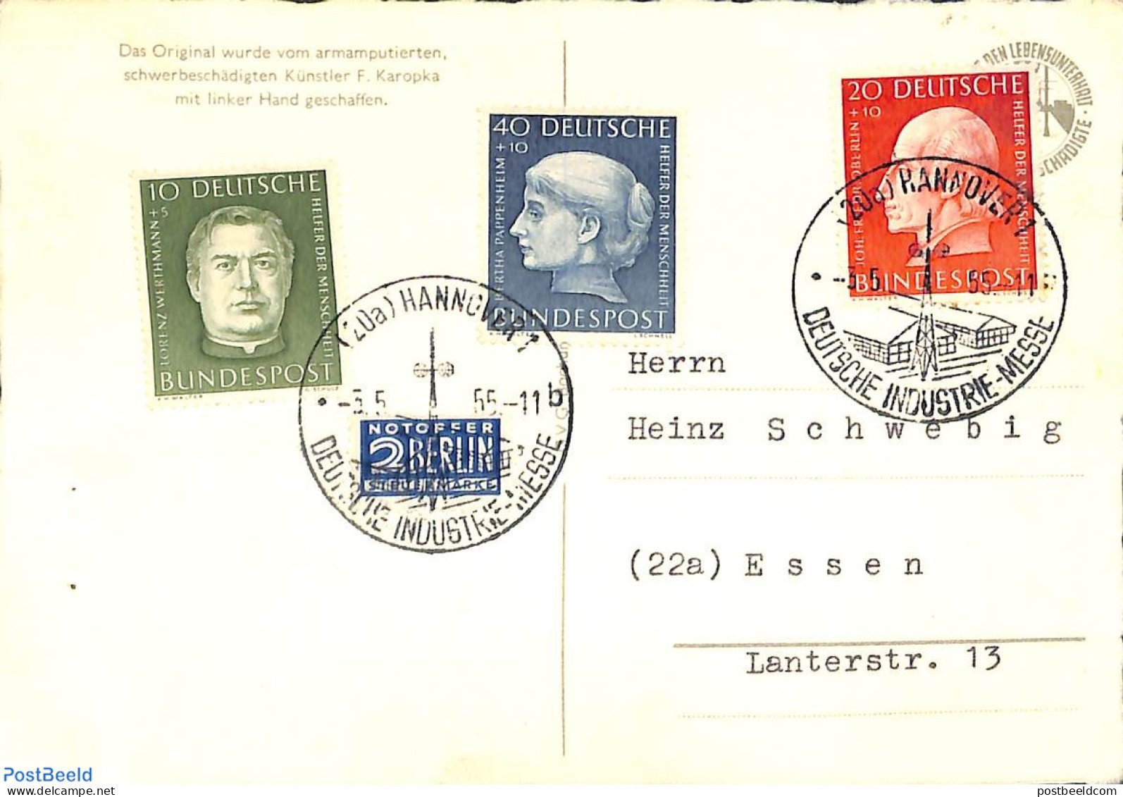 Germany, Federal Republic 1955 Postcard With Special Postmark DEUTSCHE INDUSTRIE-MESSE (pinholes In Card), Postal Hist.. - Covers & Documents