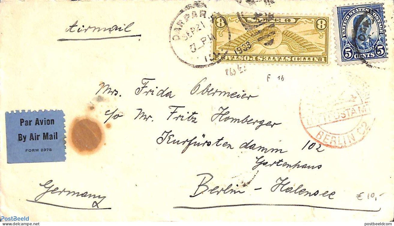 United States Of America 1921 Airmail Cover To Berlin, Postal History, Transport - Aircraft & Aviation - Briefe U. Dokumente