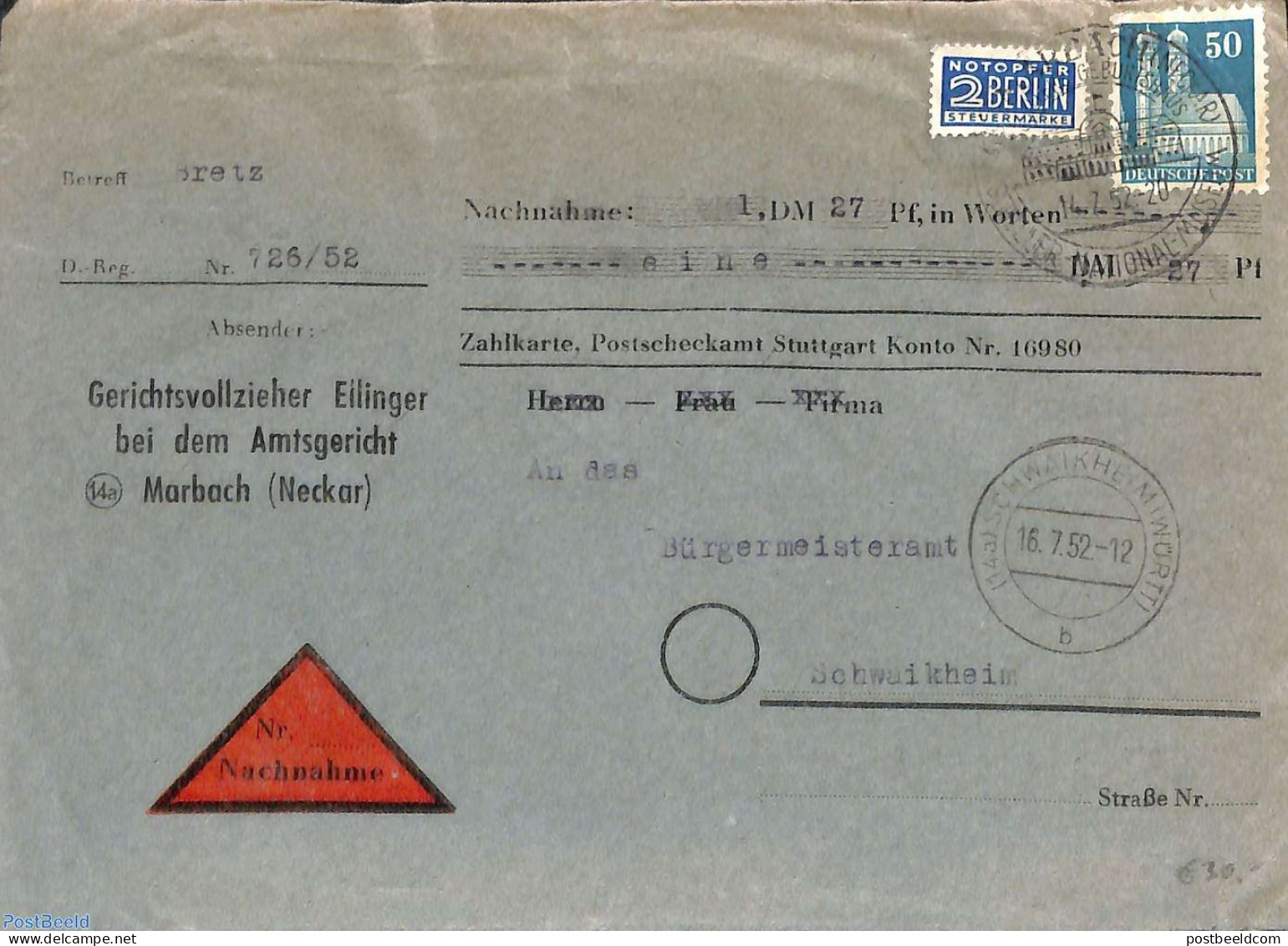 Germany, Federal Republic 1952 Cash On Delivery Letter With Notopfer Berlin Steuermarke, Postal History - Andere & Zonder Classificatie