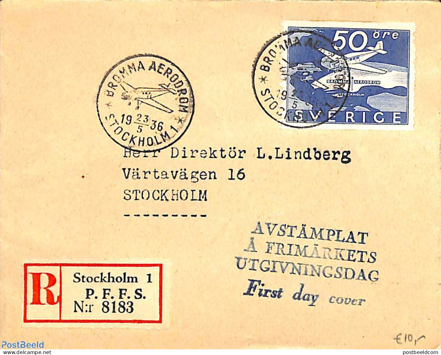 Sweden 1936 BROMMA AERODROM 23.5.1936, Postal History, Transport - Aircraft & Aviation - Briefe U. Dokumente