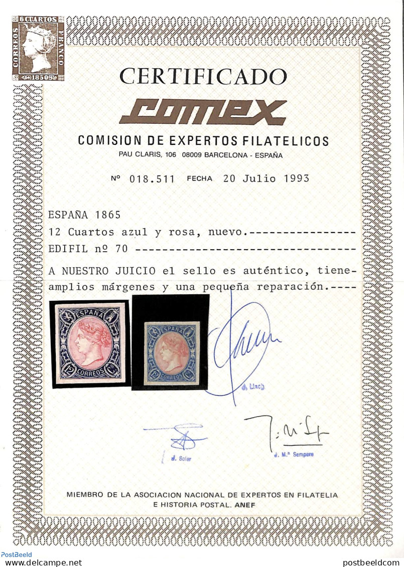Spain 1865 12Cs Blue/rosa With Attest Comex, Unused (hinged) - Unused Stamps