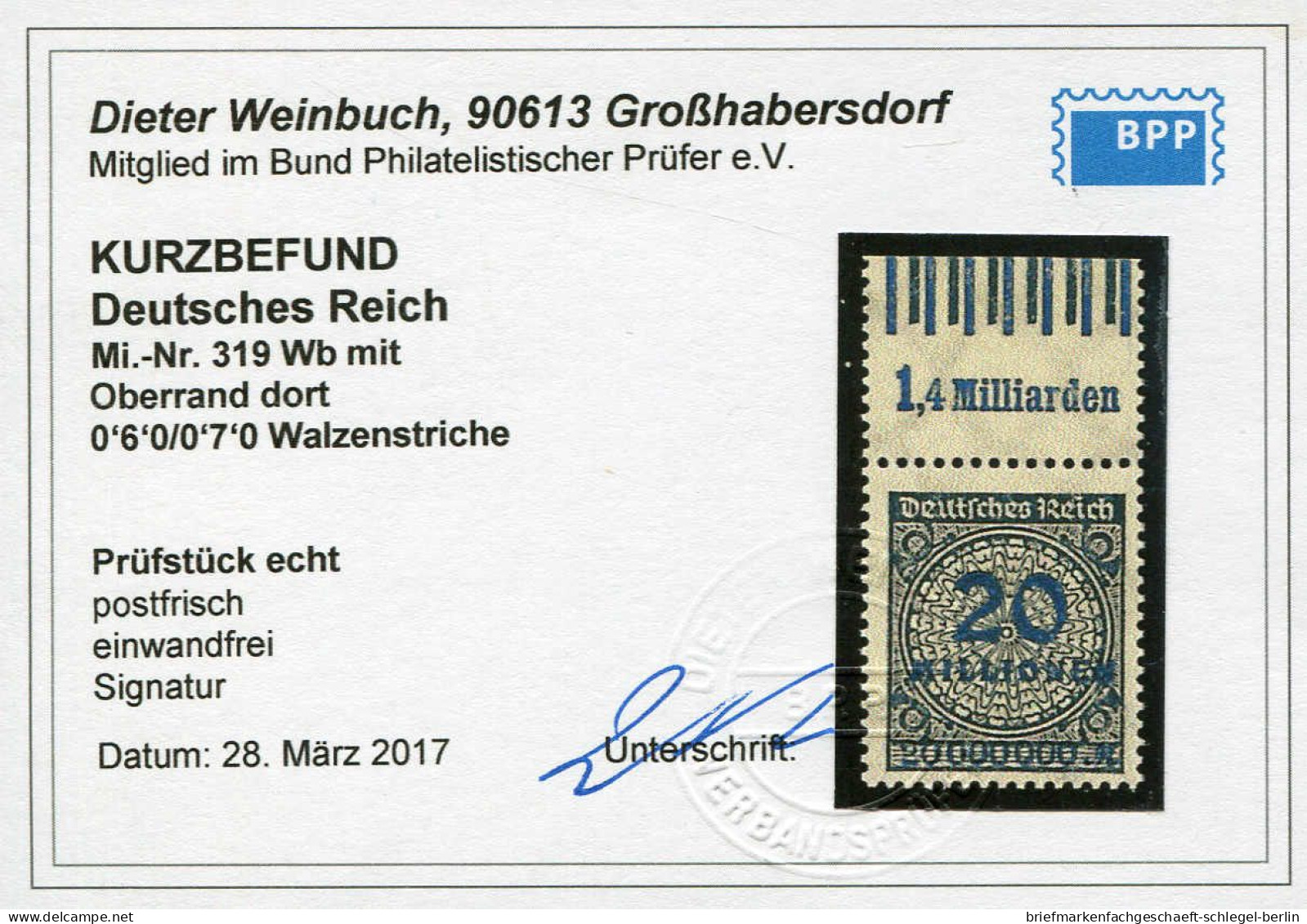 Deutsches Reich, 1923, 319 Wb W OR, Postfrisch - Sonstige & Ohne Zuordnung